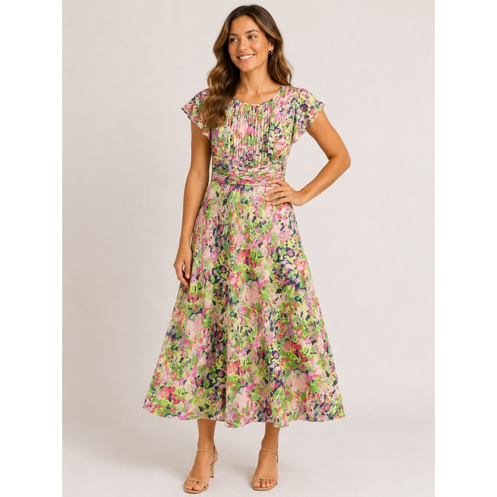 Coldwater Creek Floral Ikat Pleated Midi Dress Green Pink Size 10 Flutter Sleeve